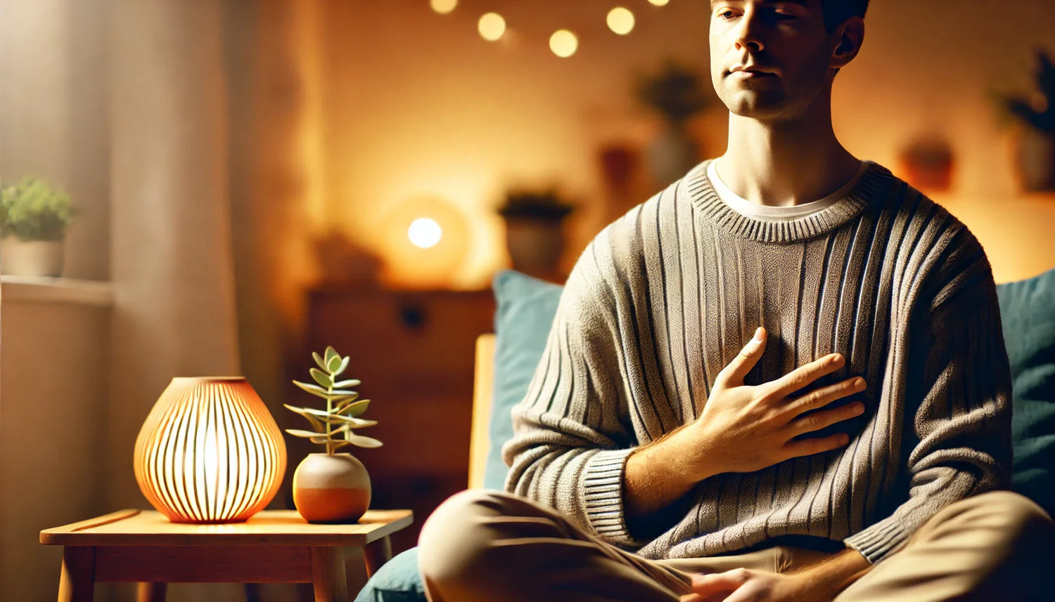 Personne en séance de sophrologie, main sur le ventre.