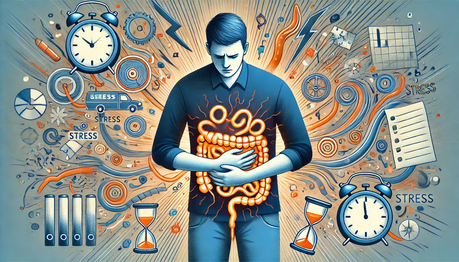 Personne stressée avec douleurs digestives lumineuses.