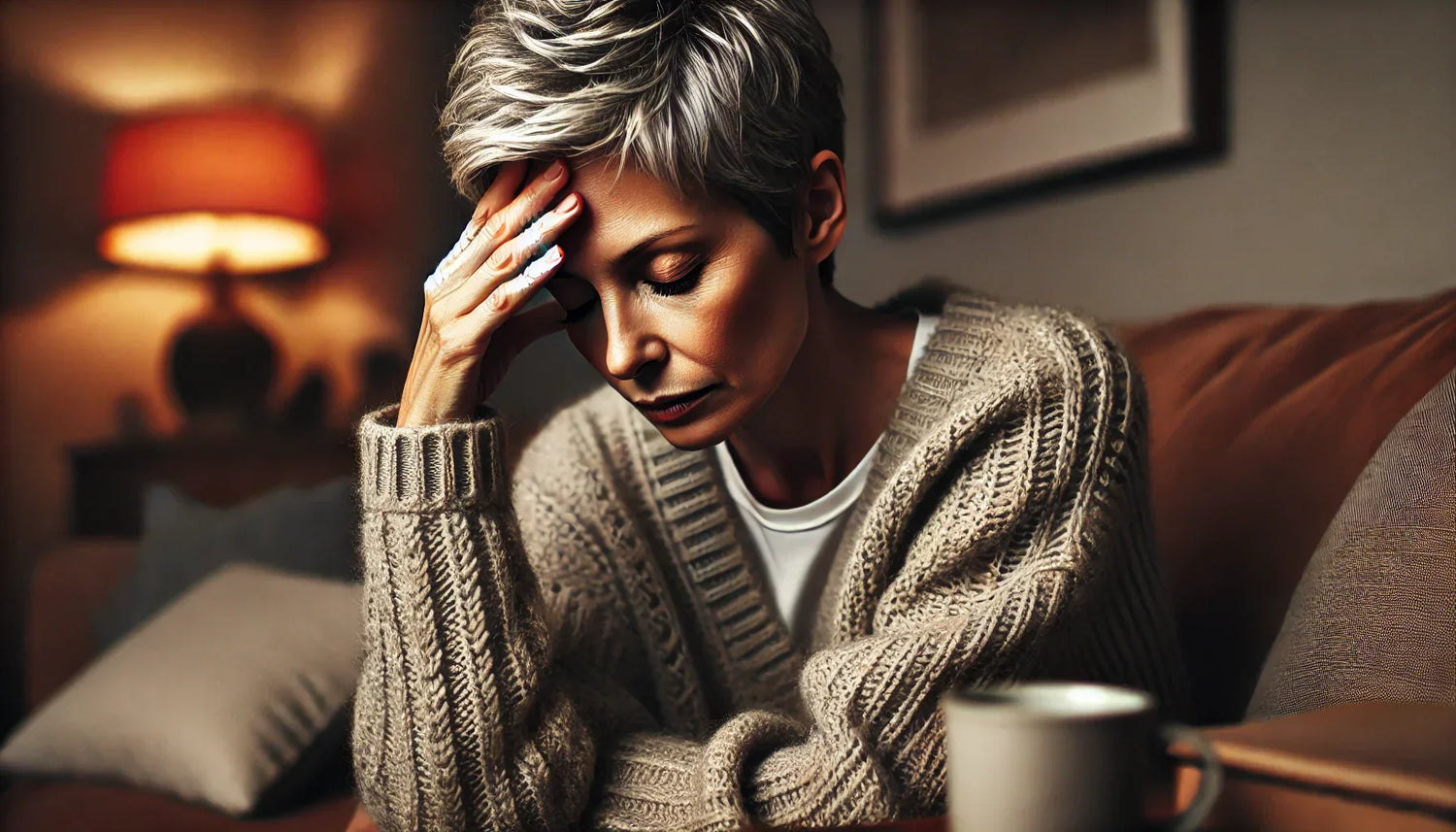 Femme de 50 ans avec un air épuisé suite à des insomnies et des déséquilibres hormonaux