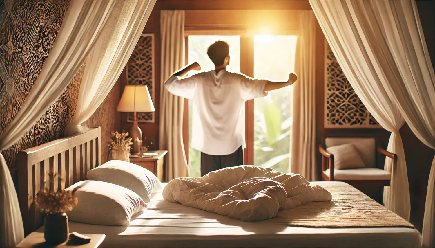 Personne s'étirant dans son lit au réveil suite à l'homéopathie