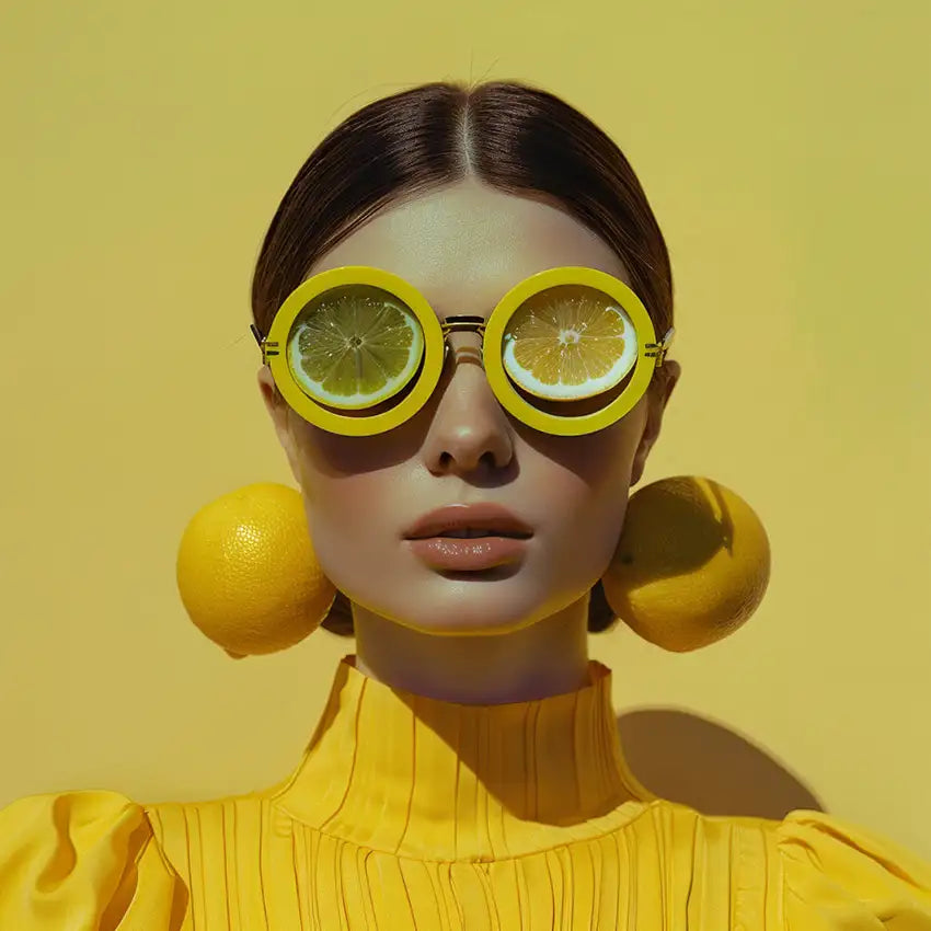 une femme en jaune avec des tranches de citron sur les yeux