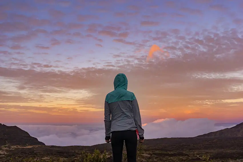 une femme de dos en haut d'une montagne et face à l'horizon pendant un coucher du soleil